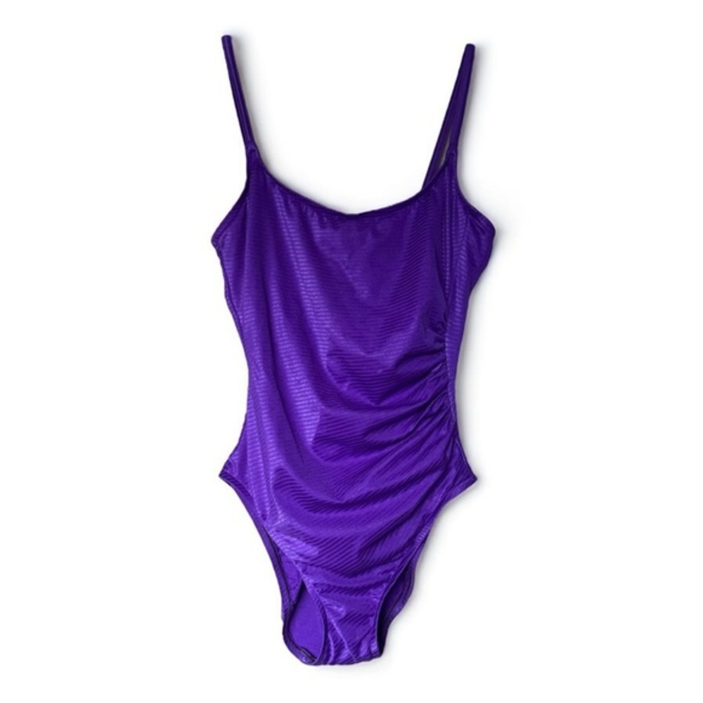 Vintage Cole of California Purple Ruched One Piece High Cut Leg Swimsuit